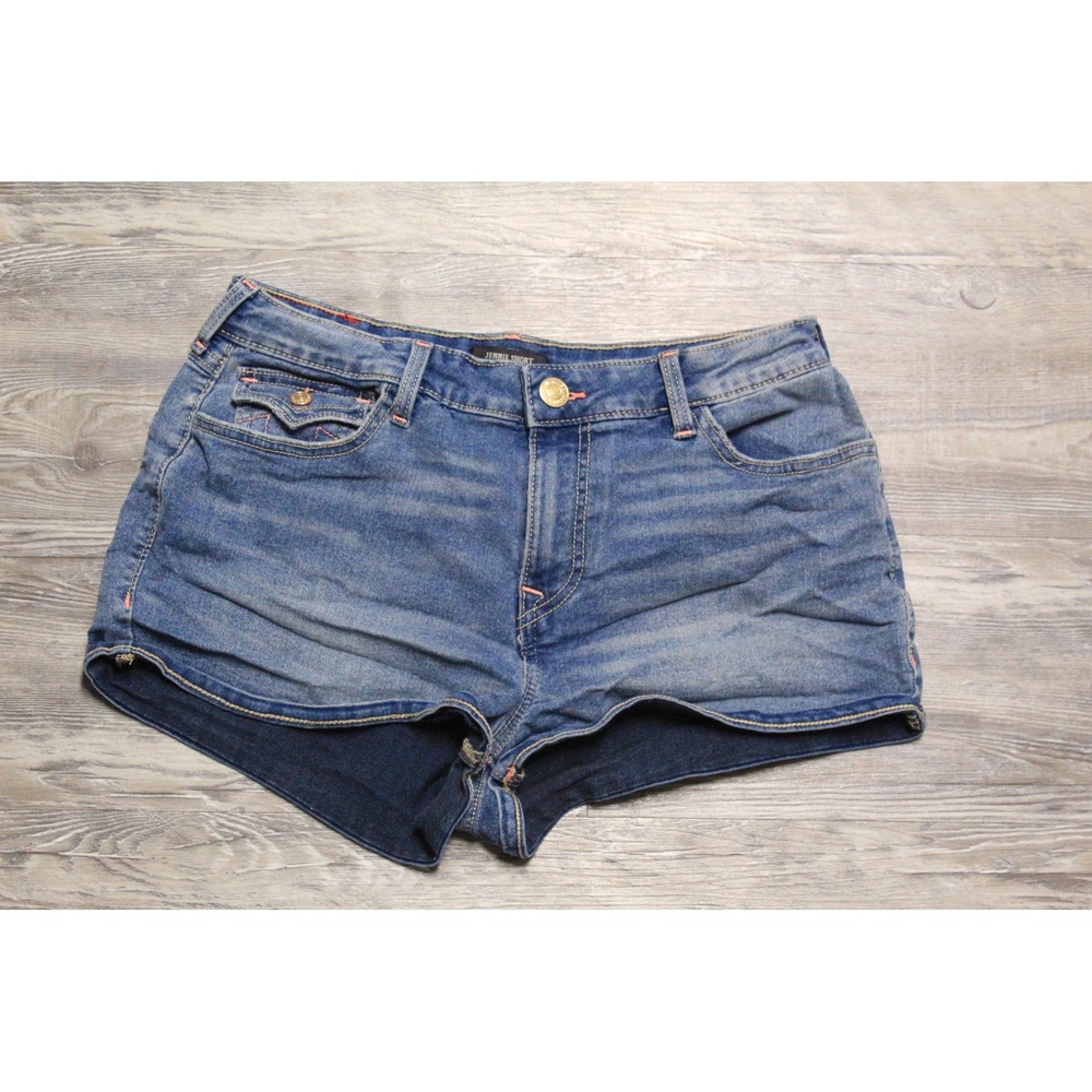 True Religion Denim Shorts Women's Sz 30 Jennie Mid Rise Curvy Blue Horseshoe